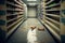 Illustration, a dirty supermarket aisle, with empty and abandoned shelves. Ai generated