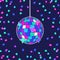 Illustration of disco ball. Mirror glitter sphere with reflecting surface. Image for party flyer.