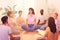 Illustration of a diverse group gathering in a warm, radiant space, highlighting unity and shared moments of meditation