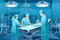 Illustration of doctors surgeons performing preparation for surgery in a modern operating room. The team prepares instruments and