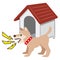Illustration of a dog barking in front of a kennel