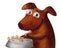 Illustration of a dog with a bowl of crispy food in the form of bones. happy dog, delicious lunch. cartoon dog with a bowl of food