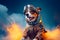 Illustration of dog pilot wearing aviator goggles. Dog pilot jet shooting rockets. Generative AI