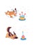 Illustration dogs have a birthday. Cute bulldog runs to the festive cake. German shepherd is preparing to eat a birthday