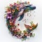 Illustration of dolphin made from wildflowers on white background. Stylized marine creatures. Save planet, Ecological problems,