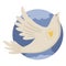 An illustration of a dove is flying on the background of the globe. Symbolizes world peace, stopping the war, truce