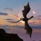 Illustration of a dragon soaring over mountains in an alien sky with dual moons at twilight