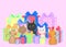 Illustration drawing of diverse cartoon kittens in piles of Birthday presents