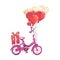 Illustration drawing purple bicycle with red balloons and a gift