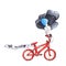 Illustration drawing red bicycle with black and blue balloons and ribbon with text be mine