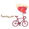 Illustration drawing red bicycle with black and blue balloons and ribbon with text be mine