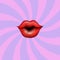 Illustration drawing of red female lips on a violet lilac background in pop art style.