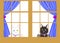 Illustration drawing of a white and a black cat looking out window with paws on glass