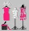 Illustration of a dress on a mannequin, shoes and gift wrapping. mannequin with fashion women summer clothing.