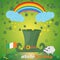 Illustration of a dwarf hat in a clearing on top of a rainbow with clouds and rain of gold coins, on the feast of St. Patricks day