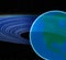 Illustration of an Earth like planet with rings in the distant area of the universe