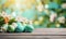 illustration of an easter background with green easter eggs on wooden table against a blurry garden background, copy