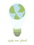 Illustration of an electric light bulb in the form of the planet Earth inside, ``Save our planet`` inscription, green ecology conc