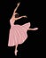 Illustration, an elegant dancing ballerina in a pink dress on a black background. Print, poster,