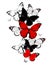 Illustration, elegant flying red, black and white butterflies. Wedding invitation, print, poster, wall art.
