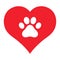 Illustration emblem love for animals. dog paw on heart background