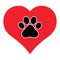 Illustration emblem love for animals. dog paw on heart background