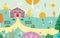 Illustration of empty yard and school. Road to the School. Summer kids landscape with the trees, flowers, mushrooms and