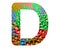 Illustration of the English letter D in a colorful pattern on a white background