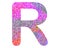 Illustration of the English letter R in a colorful glittery pattern on a white background