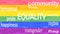 Illustration of Equality word lettering isolated on lgbt flag colors background