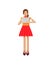 Illustration of European girl with brown hair in red flared skirt, blouse, touch screen, laptop