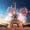 Illustration, explosions, fireworks over eiffel tower. New Year\\\'s fun and festiv