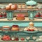 Illustration of exquisite desserts in a store display (tiled