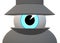 An illustration of a an eye with blue pupil wearing a dark grey coat and hat secret agent theme white backdrop