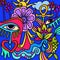 Illustration with eyes flowers and colorful fantasy symbols