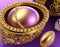 An illustration of Fabergé egg with jewels, gold and pearls. Lilac background. Photorealism, extremely detailed, AI Generated