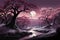 illustration of a fabulous landscape at night, a large tree and the moon, a haze over the river