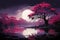 illustration of a fabulous landscape at night, a large tree and the moon, a haze over the river