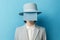 illustration of faceless woman in suit hat with face covered with blank sheet of paper. Mental health psychology identity