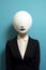 illustration of faceless woman in suit with mask over her face. Mental health psychology identity women\\\'s rights