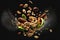 illustration of falling cashews, pistachios, almonds, peanuts and kernels on a black background