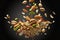 illustration of falling cashews, pistachios, almonds, peanuts and kernels on a black background