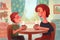 Illustration of family conversation between mom and son. Chatting at the table with tea or coffee. Psychologically healthy family
