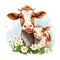 Illustration of a family of cows, mother cow and calf on a white background.