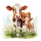 Illustration of a family of cows, mother cow and calf on a white background.