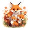 Illustration of a family of foxes with flowers on a white background.