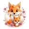 Illustration of a family of foxes with flowers on a white background.