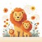 Illustration of a family of lions with flowers on a white background.