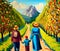 An Illustration of a Family Walking Through an Orchard With a Dominant Mountain in the Background