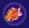 Illustration of fantastic goldfish. Cover for children fairy tale book. Round dish ornate with fairyland fish and underwater life